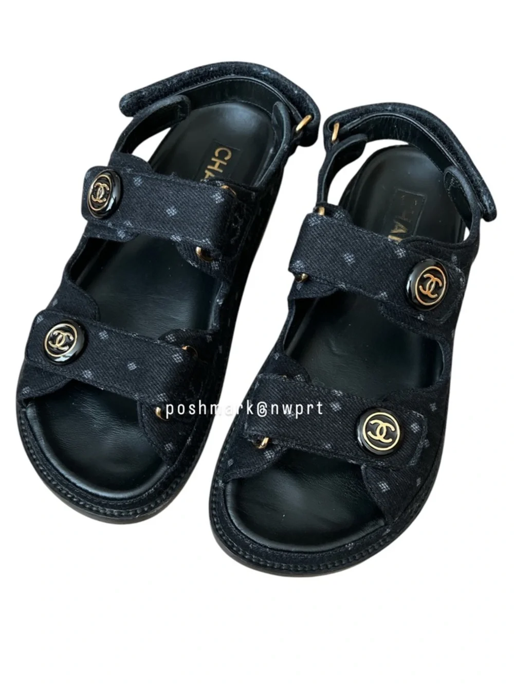 CHANEL CC Logo Dad Sandals Black Denim Polka Dot 36.5 7 - Picture 3 of 10